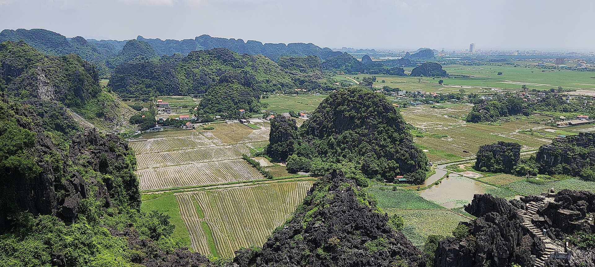A wide view from Hang Múa across limestone hills, rice fields and village buildings.
