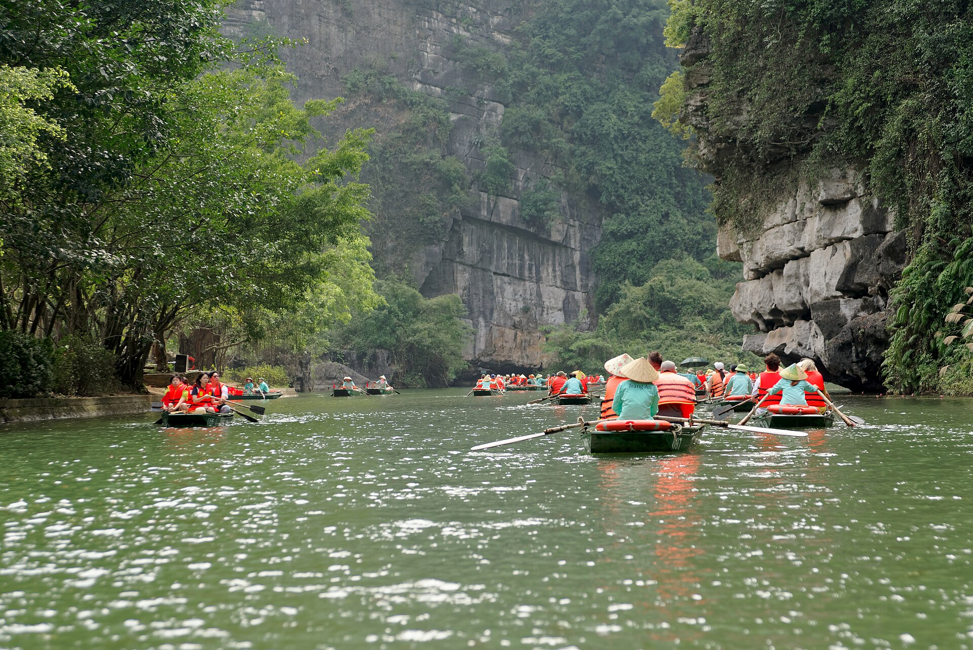 Rowboats carrying visitors in orange life jackets between green limestone cliffs at Tràng An.